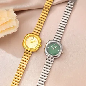 Vintage square women's quartz watches with gold and silver snake bone elastic bands