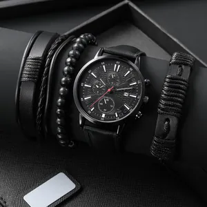 LIANDU men's quartz watch set with calendar and black leather bracelets for business
