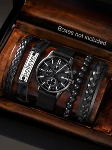 Detail van een horlogeset voor heren met zwart kwartshorloge en vier diverse armbanden