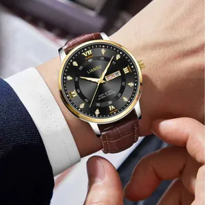 Klassische Herren-Business-Uhr mit schwarzem Zifferblatt und braunem Lederarmband