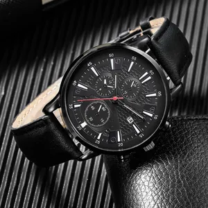 Men's business quartz watch with black leather strap and multi-functional calendar dial