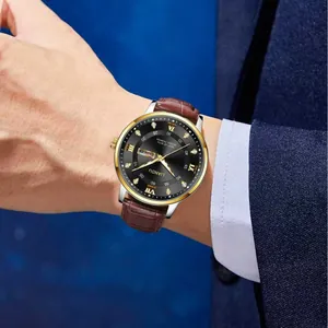 Klassische Herren-Business-Uhr mit goldfarbenem Gehäuse und braunem Lederarmband