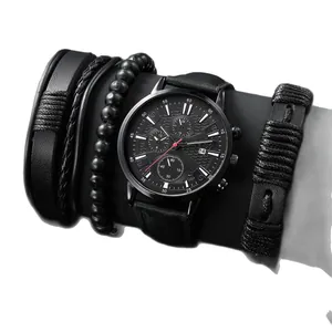 Men's black calendar quartz watch set with stylish braided leather and beaded bracelets