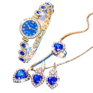 Set orologio donna dorato con cristalli a cuore blu e parure di gioielli abbinata