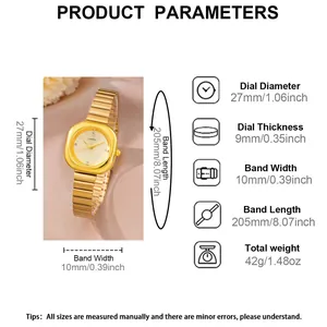 Detailed dimensions of vintage gold square quartz watch with 27mm dial and metal strap