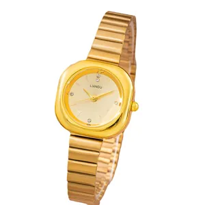 Elegant vintage square gold watch for women with rhinestone markers and metal strap