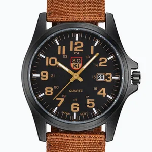 Militär-Quarzuhr für Herren mit braunem Nylonarmband und schwarzem Zifferblatt und Datum