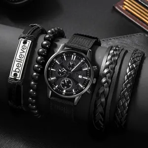 Heren Mode Quartz Horloge En Gevlochten Armbanden Set Zwarte Wijzerplaat Canvas Band Datum Business Casual Accessoires Cadeau