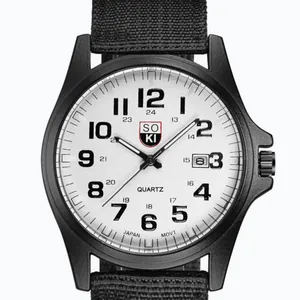 Militär-Quarzuhr für Herren mit schwarzem Nylonarmband und weißem Zifferblatt mit Datum