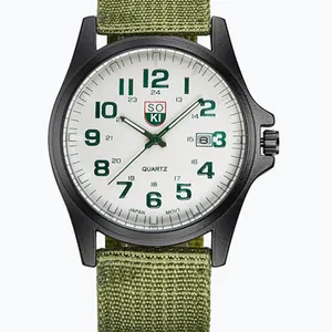 Quarzuhr im Militärstil mit grünem Nylonarmband, weißem Zifferblatt und Datumsanzeige