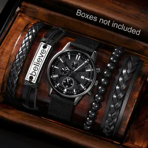 Heren horloge set met zwart quartz horloge en 4 bijpassende zwarte leren armbanden
