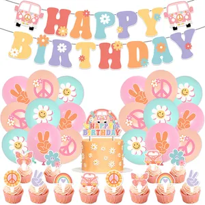 Detail of groovy daisy party set with happy birthday banner and pastel latex balloons