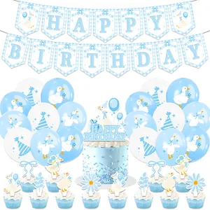 Blue silly goose birthday party set with banner, balloons and cake toppers decorations