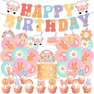 Groovy Retro Birthday Party Decorations Daisy Flower Banner Cake Topper Balloons Spiral Ornaments For Kids Party
