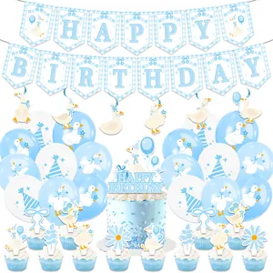 Blue Goose Theme Happy Birthday Party Decoration Set Banner Latex Balloons Cake Toppers For Kids Birthday Party Kit