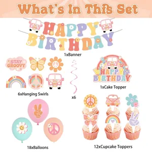 Daisy groovy theme birthday party set with banner, balloons, and cake toppers