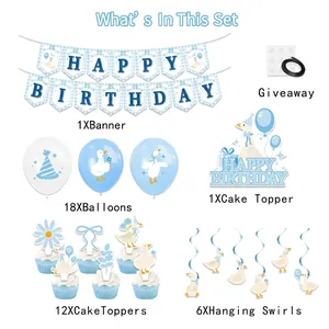 Blue silly goose birthday party decoration set with banners balloons and cake toppers