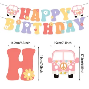 Daisy theme Happy Birthday party banner with colorful letters and retro hippie van