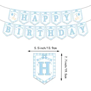 Blue gingham Happy Birthday banner with bows and swan illustrations for party decor