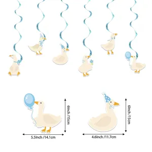 Blue goose themed party spiral decorations with cartoon duck cards and PVC swirls