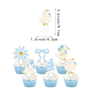 Blue goose and daisy cupcake toppers set for birthday party decorations with size details
