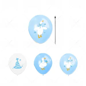 Detailed view of 12-inch blue and white latex balloons with cute cartoon goose print