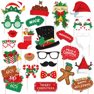 Christmas Photo Booth Props Paper Wood Santa Claus Reindeer Snowman Glasses Mustaches Hats Holiday Party Photography Decoration Accessories