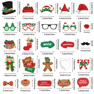 Christmas themed photo booth props set with size chart featuring Santa hats and reindeer glasses