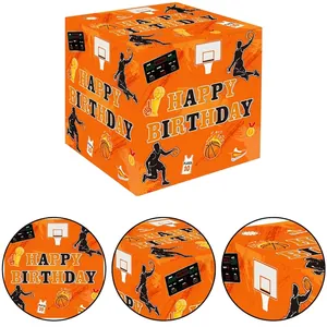 Basketball theme 5-inch square birthday paper gift box with Happy Birthday sports design