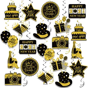 2026 Bonne Année Décorations de Fête Suspendues Spirales Noir Or Paillettes Carton PVC Pendentif Spirale Pour Célébration