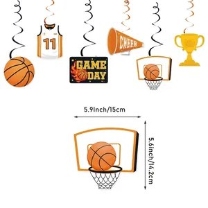 Basketball theme party hanging swirl decorations with game day cards and hoops