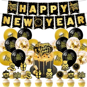 Set Decorazioni Festa Capodanno 2026 Nero Oro Banner Cake Topper Grande Piccoli Topper Cupcake Palloncini Lattice Coriandoli Articoli per Celebrazioni