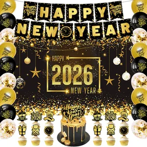2026 Happy New Year Party Dekorationen Schwarz Gold Hintergrund Banner Ballons Kuchendekorationen Festliche Feiertagsartikel