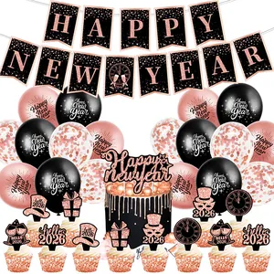 Rose Gold Happy New Year 2026 Party Decoration Set With Banner Balloons Cake Topper Glitter Bunting Celebration Supplies
