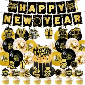2026 Happy New Year Décorations Noir Or Bannière Spirales Suspendues Cake Toppers Ballons Pour Fête de la Saint Sylvestre