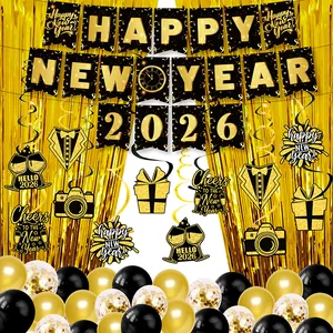 2026 Happy New Year Party Decorations Black Gold Banner Foil Fringe Curtain Swirls Balloons For New Years Eve Celebration