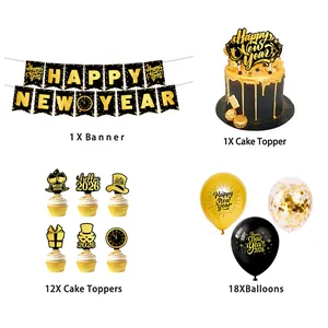 Set completo 2026 Capodanno con striscioni nero oro, topper per torte e palloncini da festa