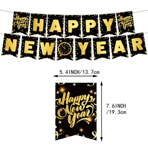Schwarzes und goldenes Happy New Year Banner Set mit Sternen für die Silvesterparty 2026