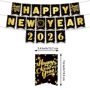 2026 Happy New Year banner in black and gold with size specs for party decoration