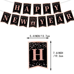 Rose gold Happy New Year 2026 banner set with glitter clock and champagne bottle design