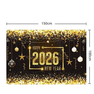 Hintergrund zum Neujahr 2026 in Schwarz und Gold mit Sternen und Maßen 150x100cm