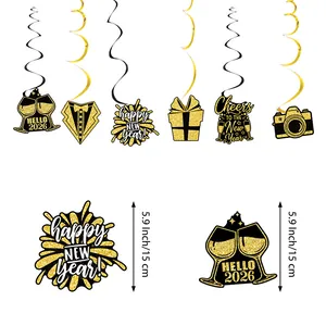 2026 New Year black and gold hanging swirl decorations set for holiday party ornaments