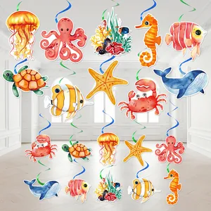 Ocean Animal Party Hanging Swirl Decorations Jellyfish Starfish Whale Paper Card Blue Green Plastic Birthday Supplies