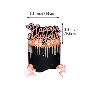 Rose gold Happy New Year cake topper with glitter stars and size dimensions