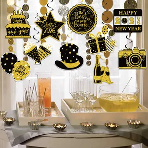 Décorations de fête 2026 noir et or avec tourbillons suspendus pour le Nouvel An