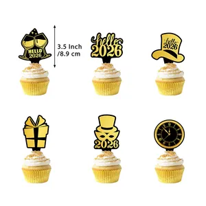 2026 Neujahr Cupcake-Deko-Set in Schwarz-Gold mit 6 verschiedenen festlichen Motiven