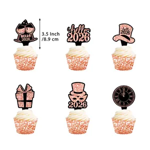 Rose gold and black 2026 New Year glitter cake toppers set for party decoration
