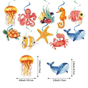 Set of 10 ocean animal party swirl decorations featuring jellyfish and sea creatures