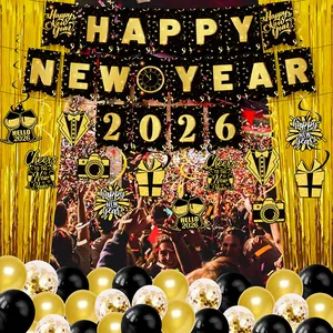 2026 New Year party decoration set with black gold banners fringe curtains and balloons