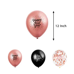 12-inch Happy New Year rose gold latex balloon set with confetti and star patterns